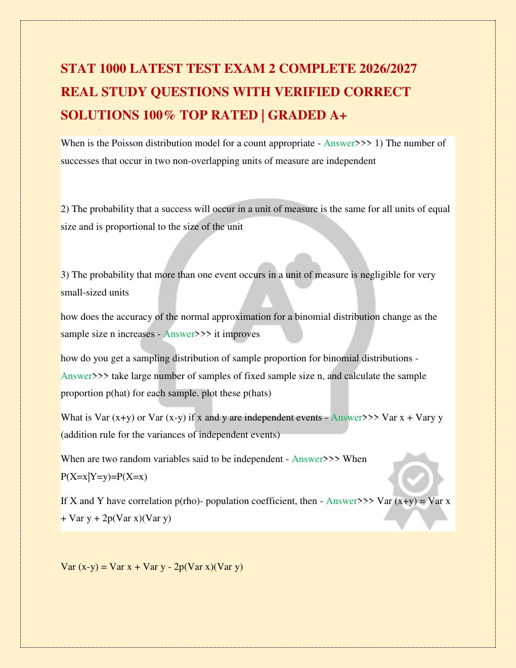 Preview page 2 of STAT 1000 LATEST TEST EXAM 2 COMPLETE 2026/2027 REAL STUDY QUESTIONS WITH VERIFIED CORRECT SOLUTIONS 100% TOP RATED | GR