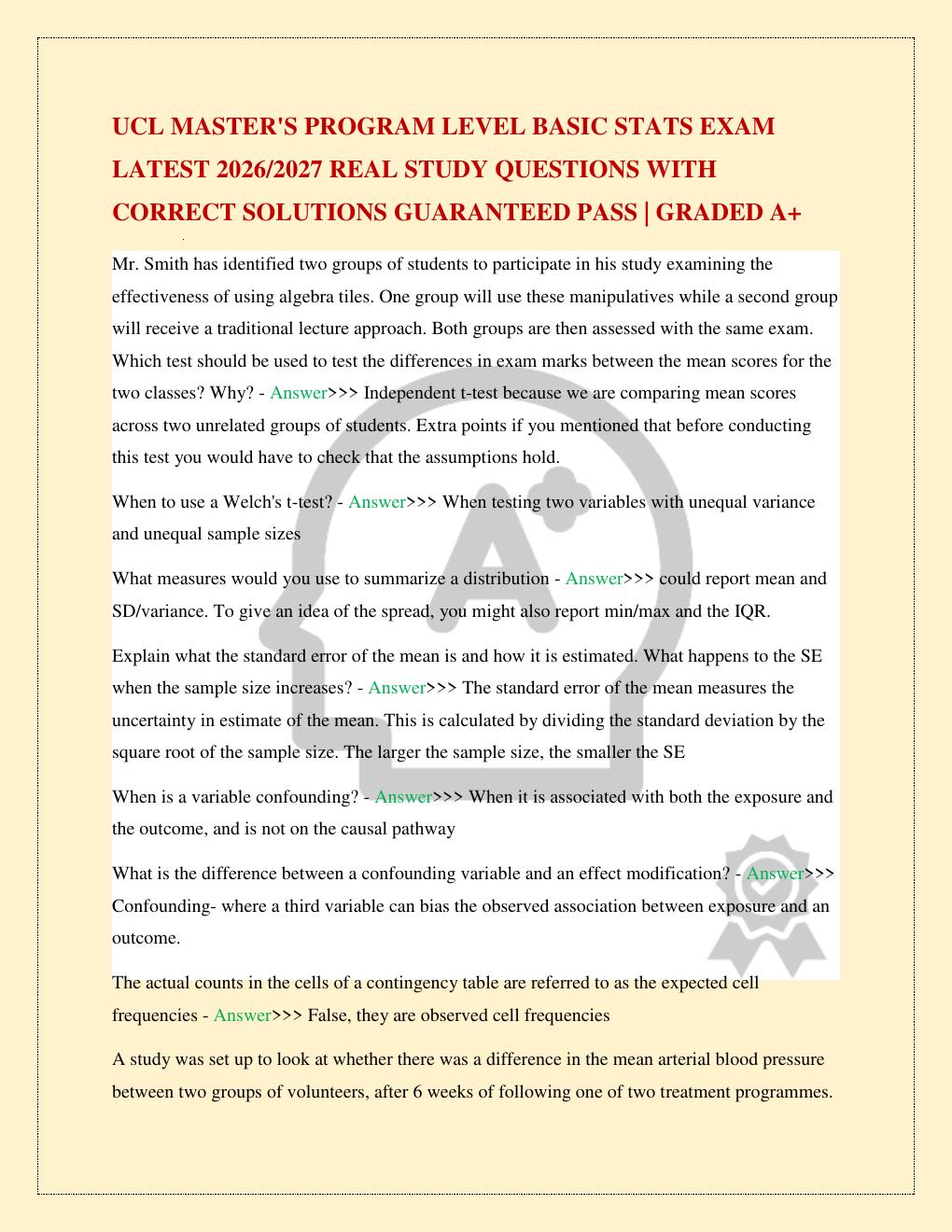 Preview page 2 of UCL MASTER'S PROGRAM LEVEL BASIC STATS EXAM LATEST 2026/2027 REAL STUDY QUESTIONS WITH CORRECT SOLUTIONS GUARANTEED PASS