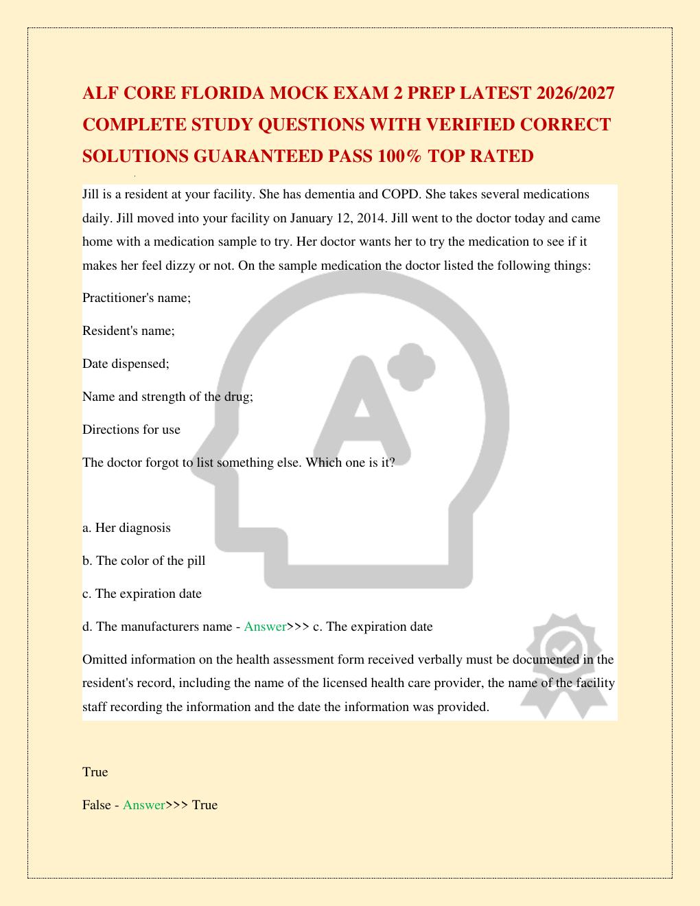Preview page 2 of ALF CORE FLORIDA MOCK EXAM 2 PREP LATEST 2026/2027 COMPLETE STUDY QUESTIONS WITH VERIFIED CORRECT SOLUTIONS GUARANTEED P