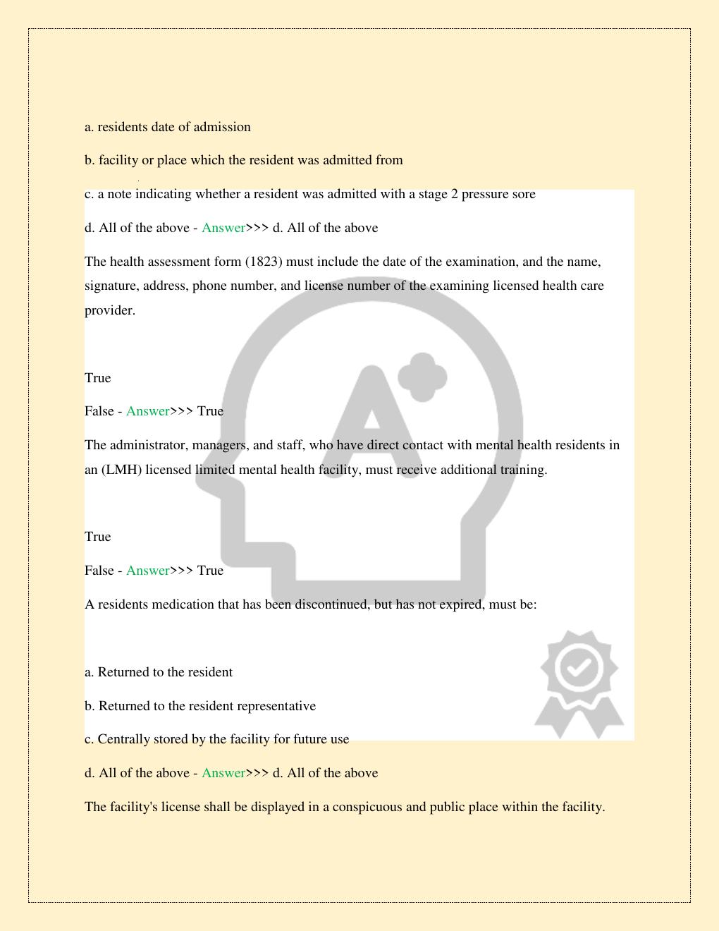 Preview page 5 of ALF CORE FLORIDA MOCK EXAM 2 PREP LATEST 2026/2027 COMPLETE STUDY QUESTIONS WITH VERIFIED CORRECT SOLUTIONS GUARANTEED P