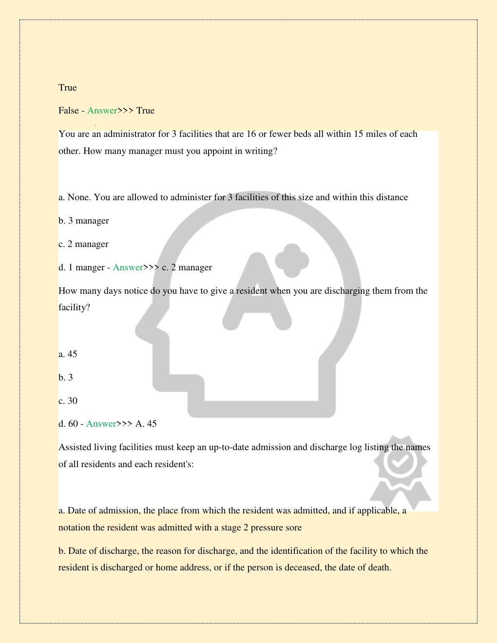 Preview page 6 of ALF CORE FLORIDA MOCK EXAM 2 PREP LATEST 2026/2027 COMPLETE STUDY QUESTIONS WITH VERIFIED CORRECT SOLUTIONS GUARANTEED P