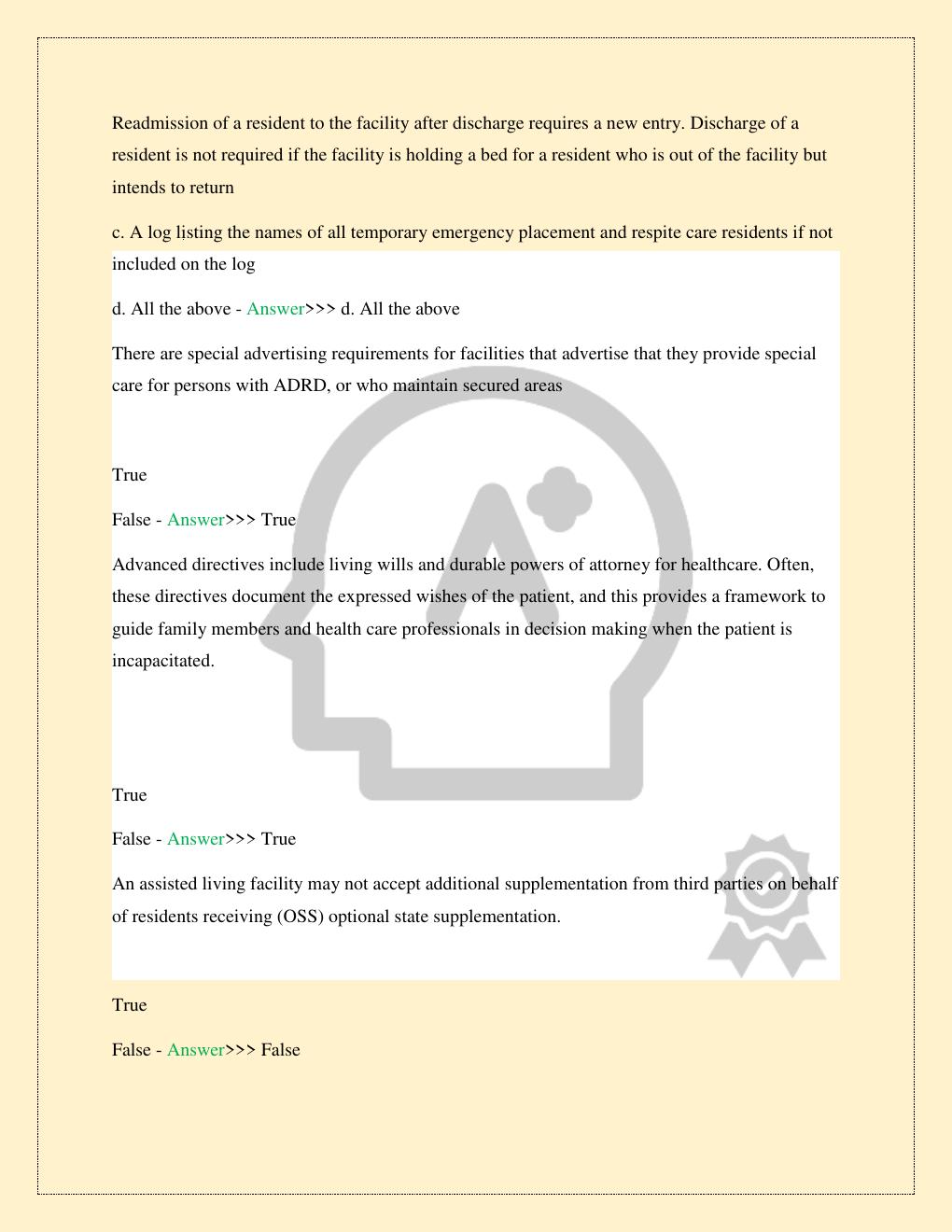 Preview page 7 of ALF CORE FLORIDA MOCK EXAM 2 PREP LATEST 2026/2027 COMPLETE STUDY QUESTIONS WITH VERIFIED CORRECT SOLUTIONS GUARANTEED P