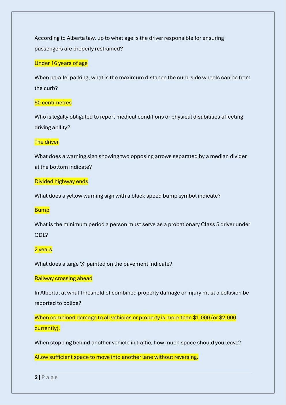 Preview page 2 of ALBERTA BASIC LICENSE DRIVERS  ASSESSMENT PRACTICE EXAM