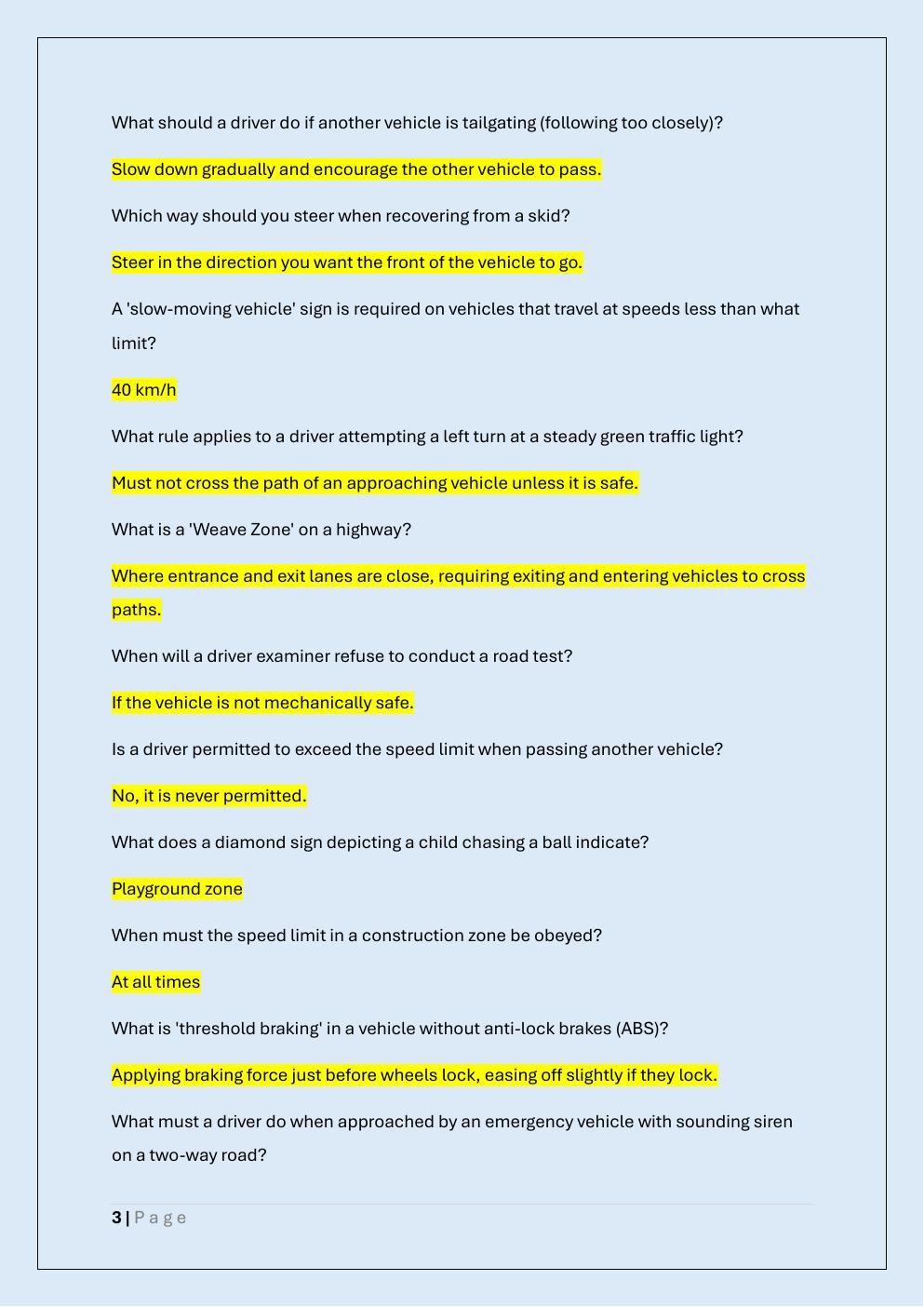 Preview page 3 of ALBERTA BASIC LICENSE DRIVERS  ASSESSMENT PRACTICE EXAM