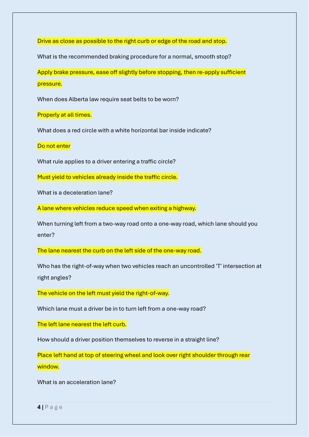 Preview page 4 of ALBERTA BASIC LICENSE DRIVERS  ASSESSMENT PRACTICE EXAM
