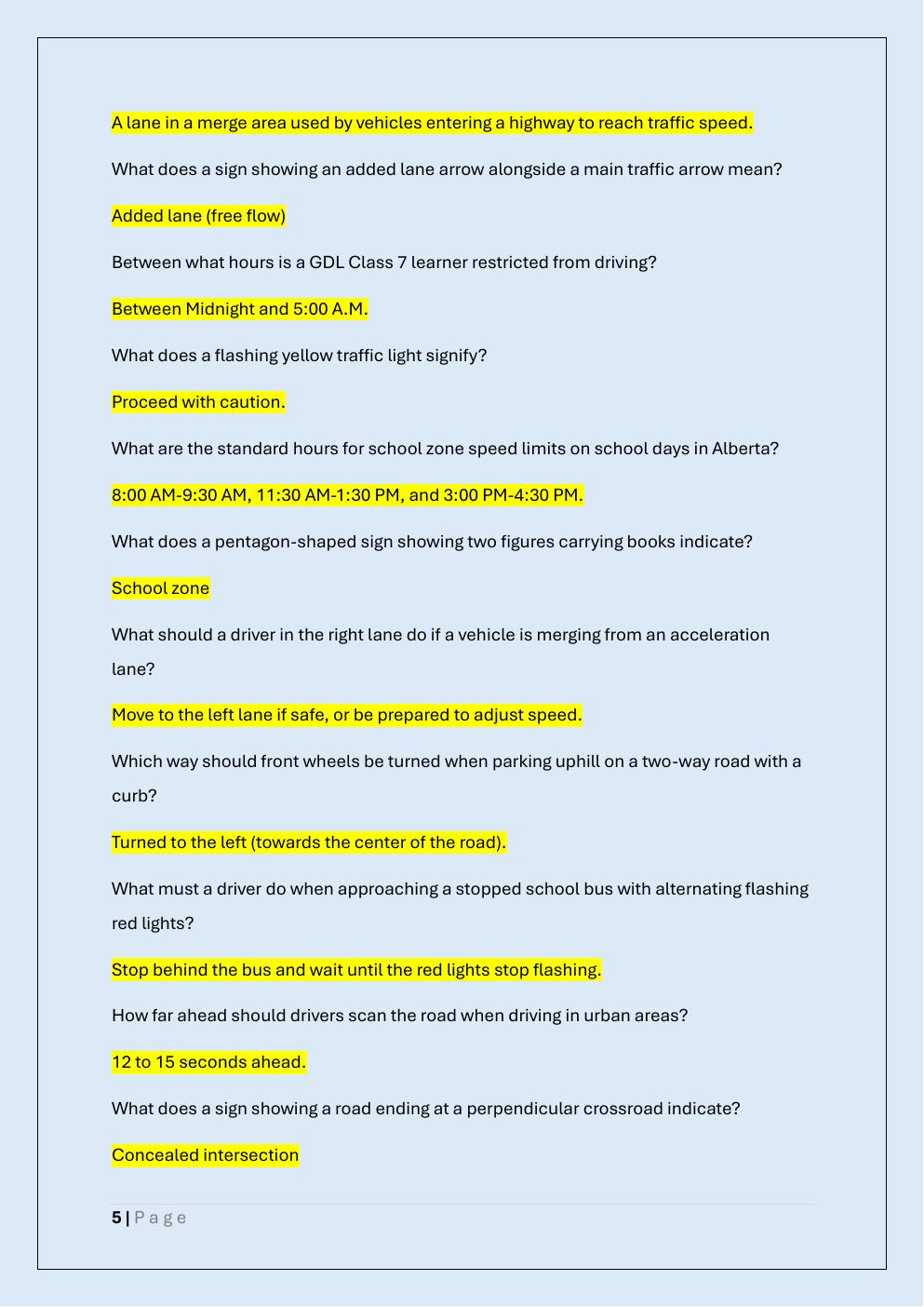 Preview page 5 of ALBERTA BASIC LICENSE DRIVERS  ASSESSMENT PRACTICE EXAM
