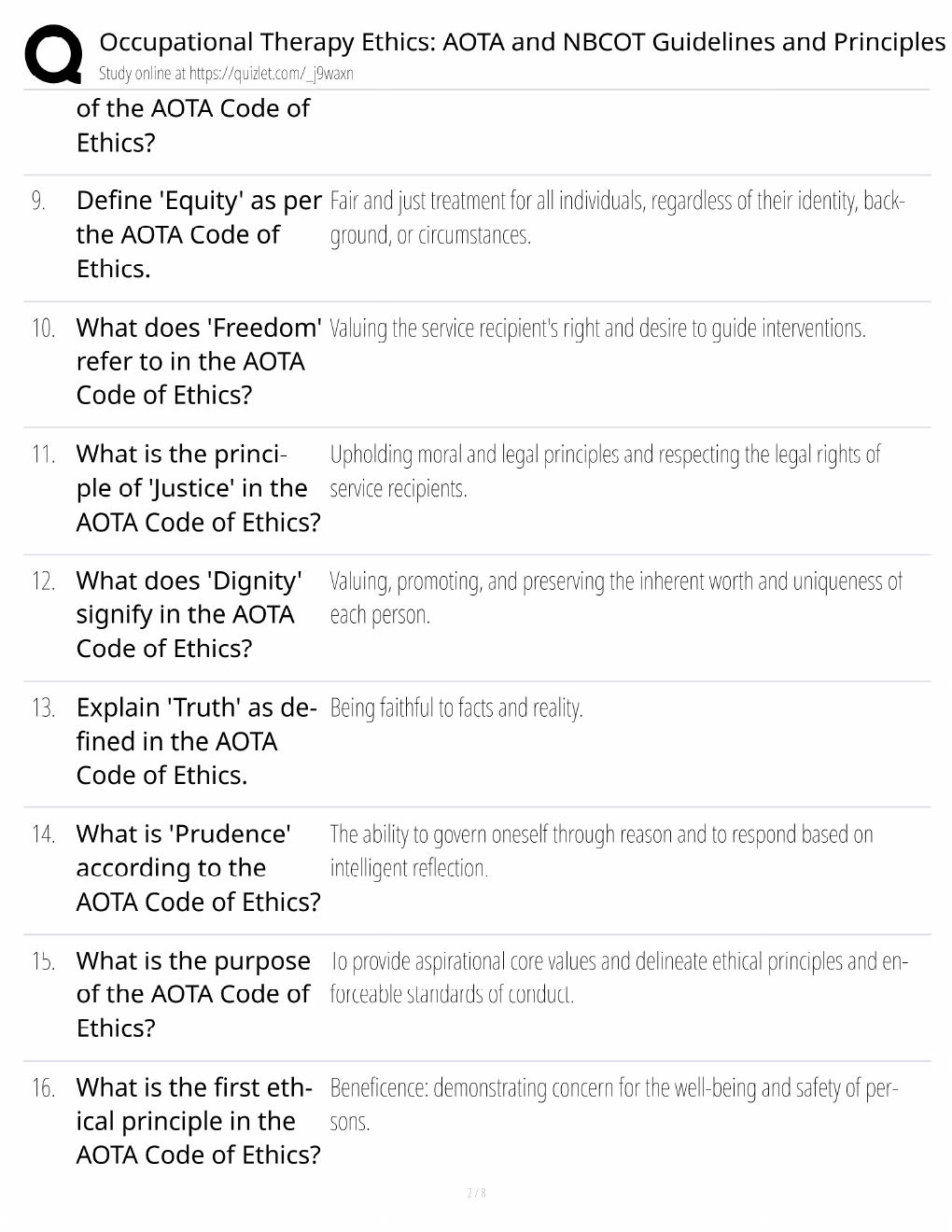 Preview page 2 of OT Ethics Study Guide / AOTA & NBCOT Guidelines and Principles / Score 100% / 2025 Update / Exam Prep