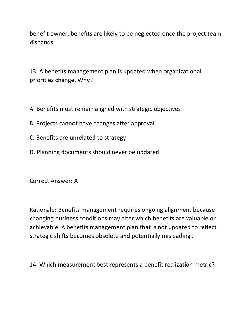 Preview page 10 of PROJECT BENEFITS MANAGEMENT CERTIFICATION EXAM PRACTICE QUESTIONS AND CORRECT ANSWERS