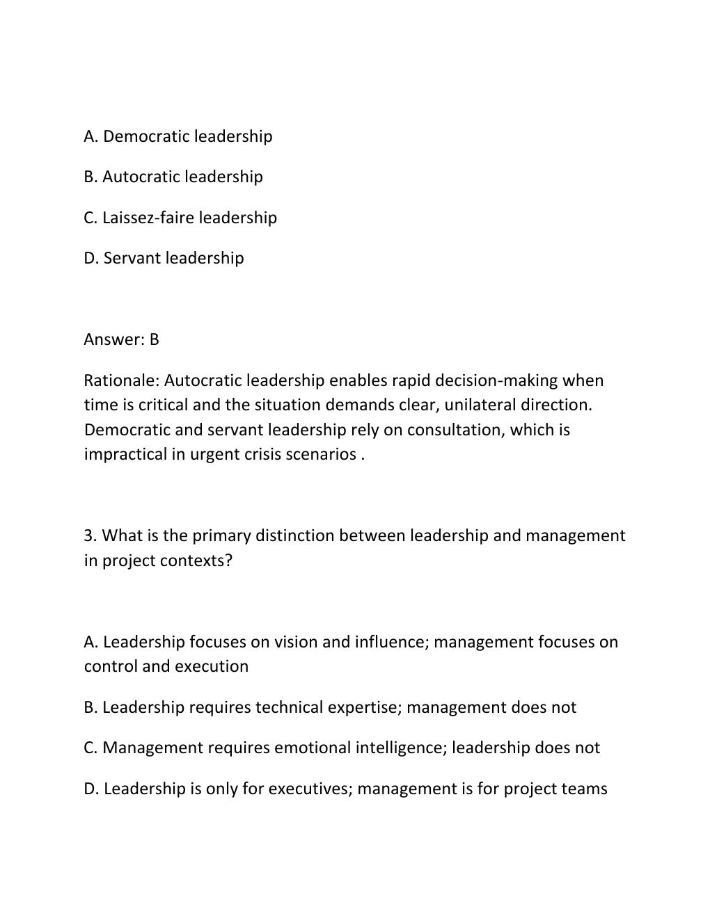 Preview page 2 of PROJECT LEADERSHIP CERTIFICATION EXAM PRACTICE QUESTIONS AND CORRECT ANSWERS