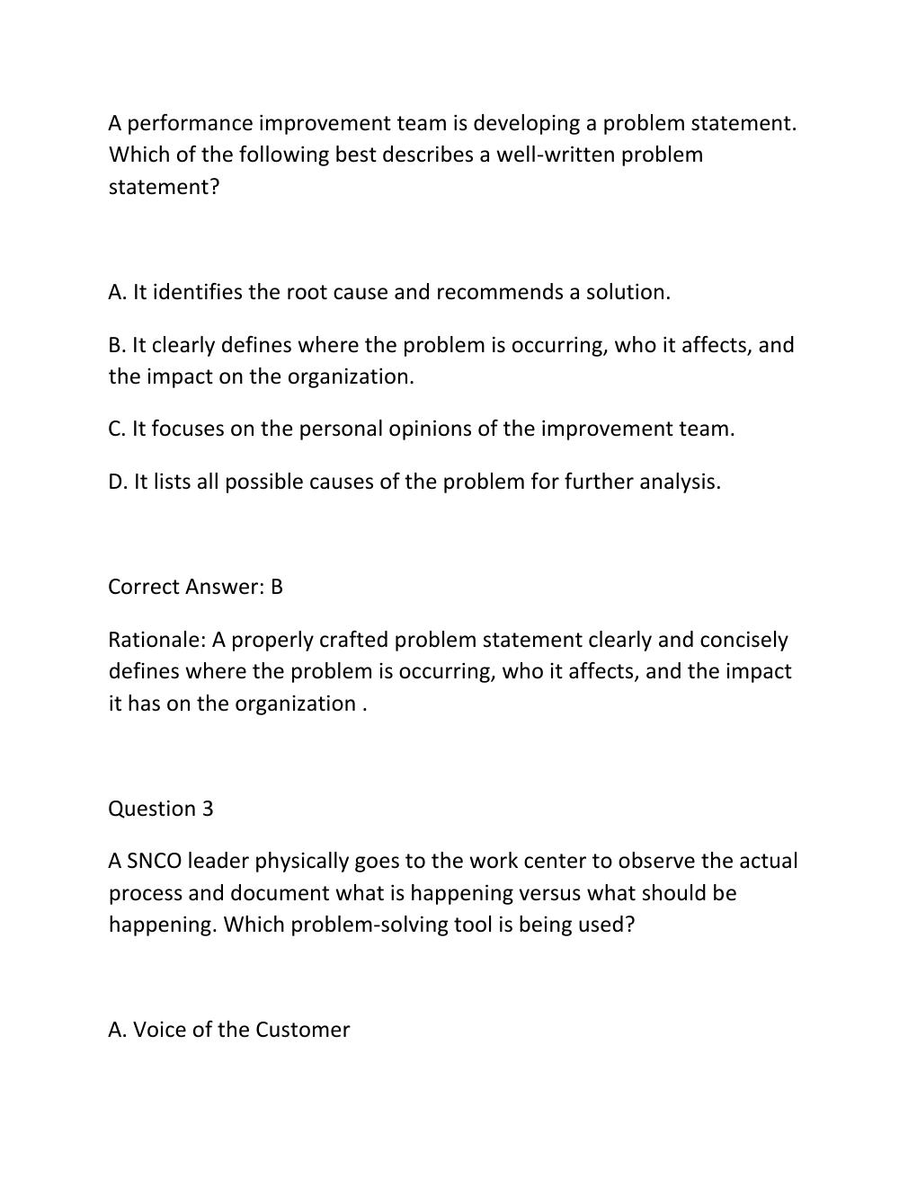 Preview page 2 of SNCOA LDR 303S IMPROVING ORGANIZATIONS PERFORMANCE IMPROVEMENT PROJECT ASSESSMENT EXAM PRACTICE QUESTIONS AND CORRECT AN