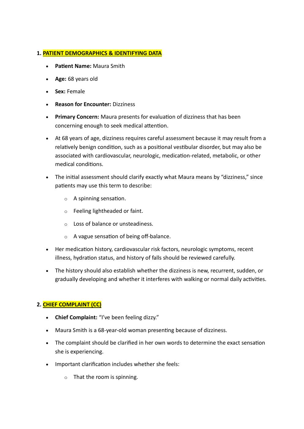 Preview page 2 of Comprehensive IHuman Case  Study. 68-year-old, Maura Smith.  Reason for encounter: Dizziness.   With a Soap Note.   Grad