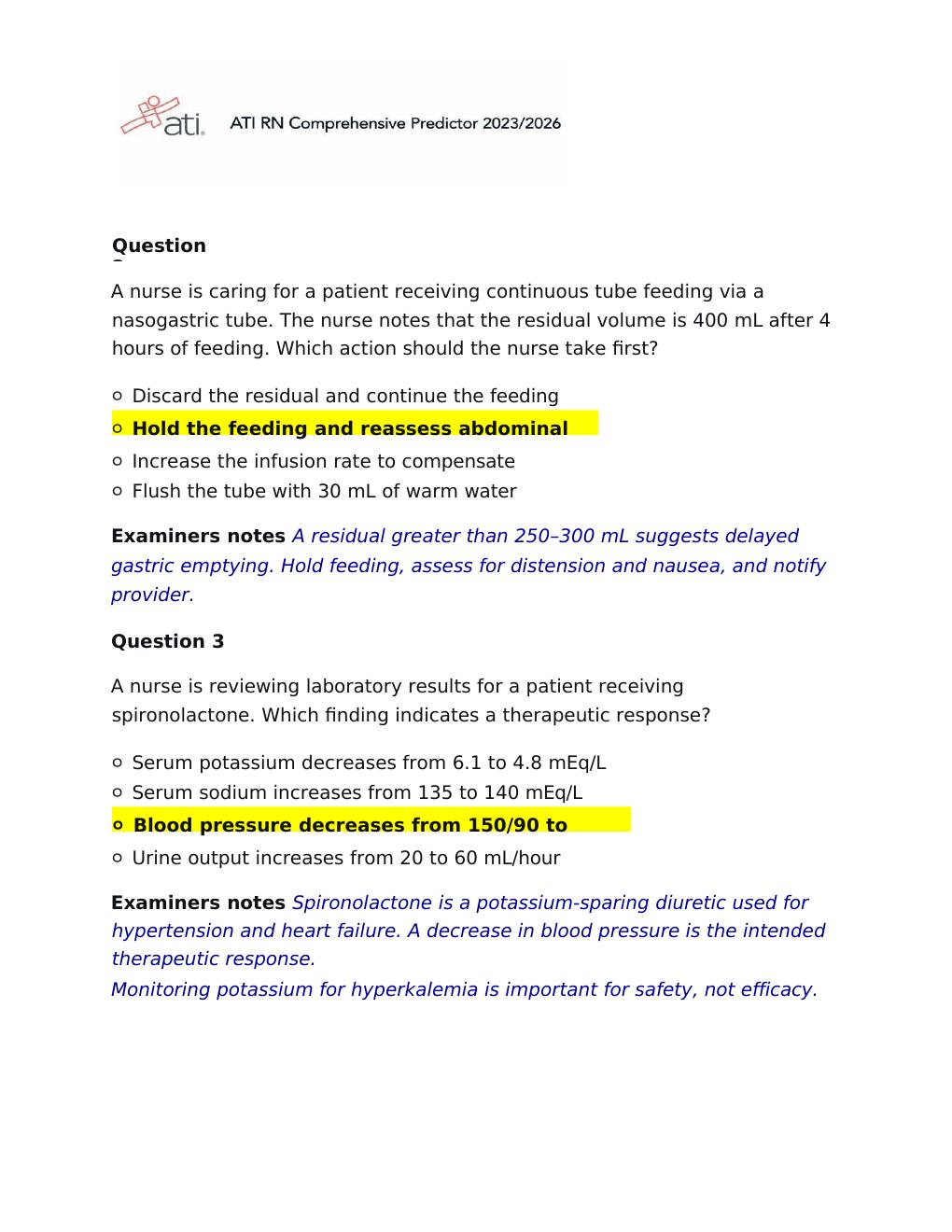 Preview page 2 of Actual 2026 Version ATI RN Comprehensive Predictor 2023-2026 Exit Exam | Practice Questions with NGN 180 Questions and A