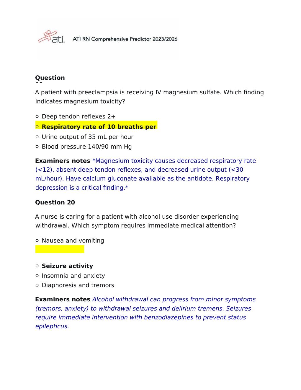 Preview page 10 of Actual 2026 Version ATI RN Comprehensive Predictor 2023-2026 Exit Exam | Practice Questions with NGN 180 Questions and A