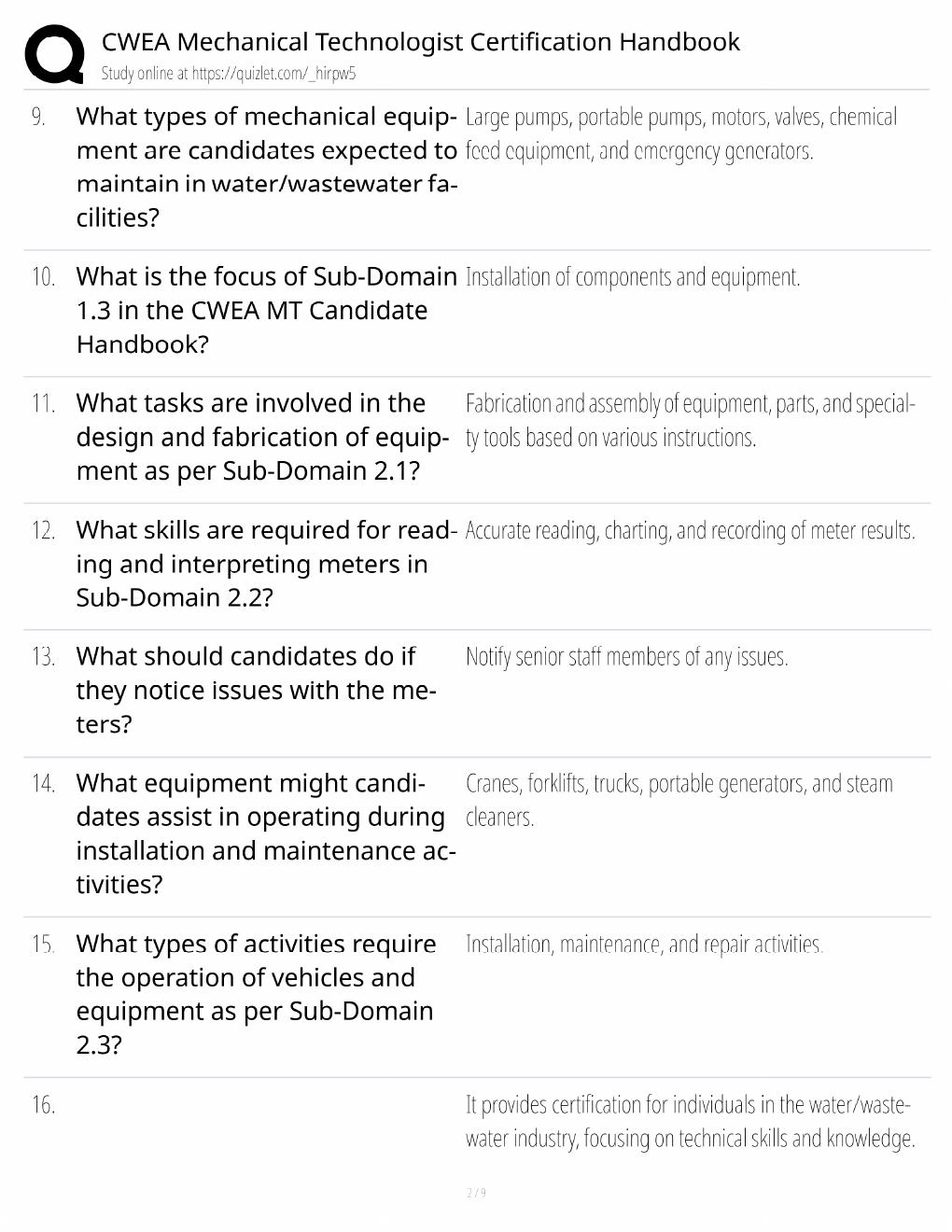 Preview page 2 of CWEA Mechanical Technologist Study Guide / Certification Handbook / Score 100% / 2025 Update / Exam Prep