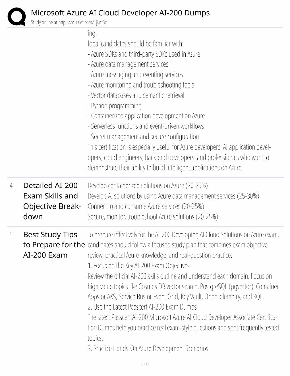 Preview page 2 of Microsoft AI-200 Study Guide / Azure AI Cloud Developer Dumps / Score 100% / 2025 Update / Exam Prep