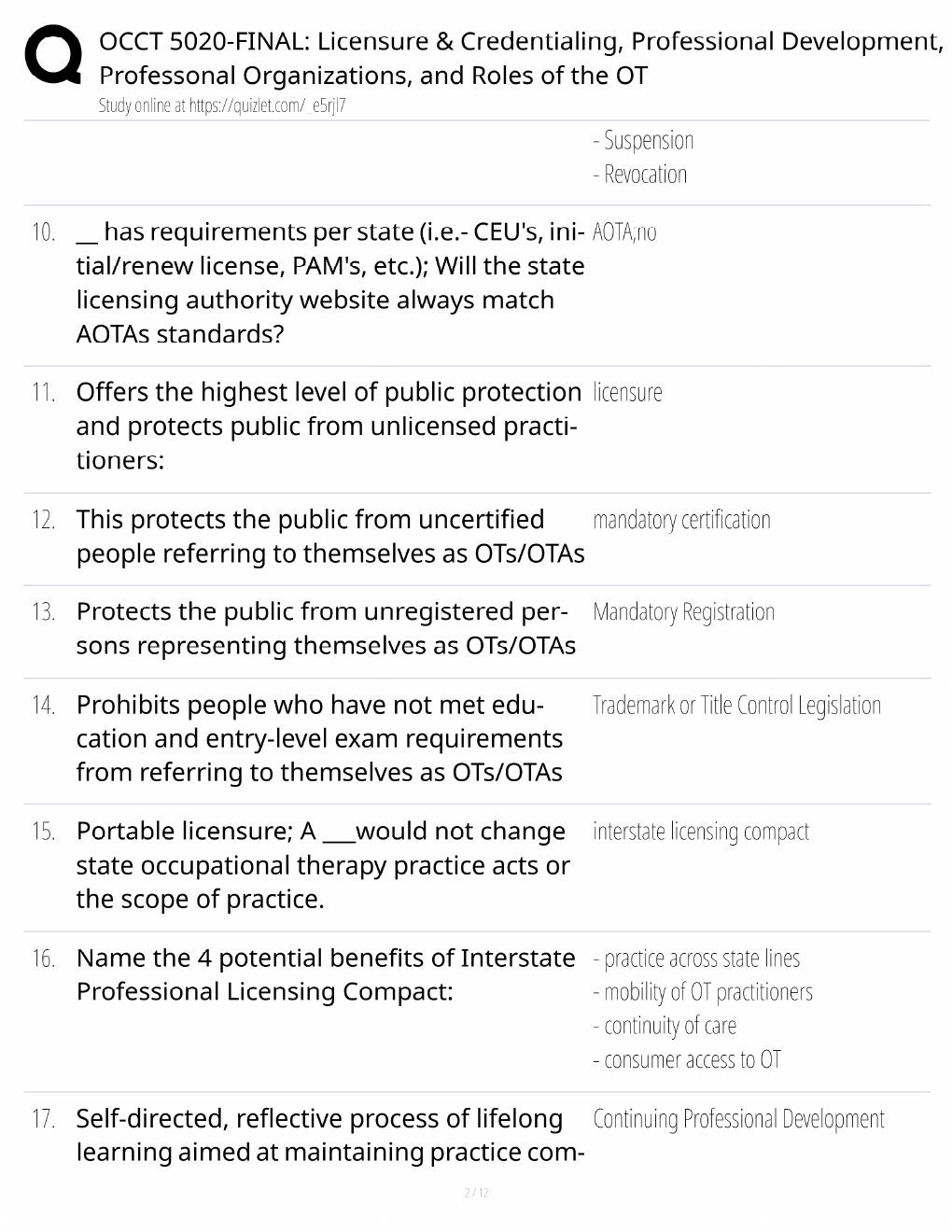 Preview page 2 of OCCT 5020 Final Study Guide / Licensure, Credentialing & OT Roles / Score 100% / 2025 Update / Exam Prep