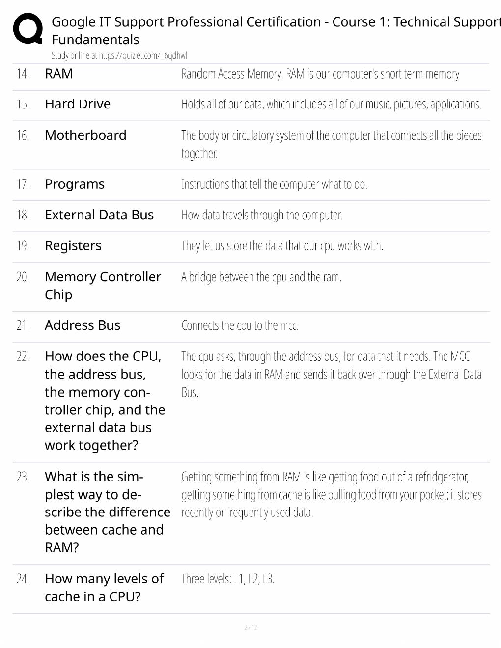 Preview page 2 of Google IT Support Course 1 Study Guide / Technical Support Fundamentals / Score 100% / 2025 Update / Exam Prep