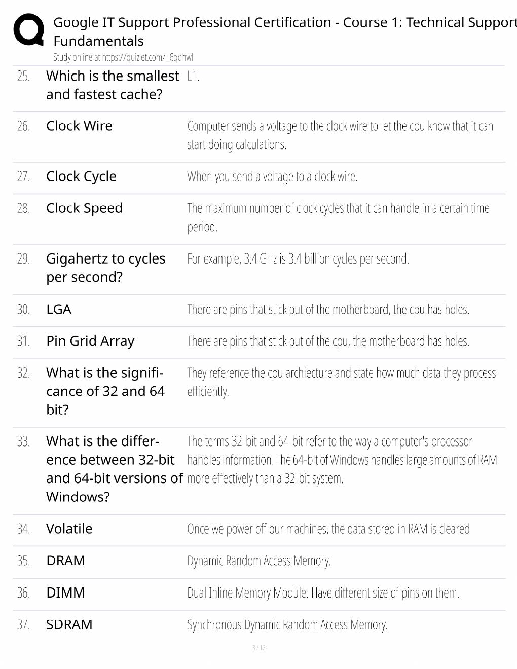 Preview page 3 of Google IT Support Course 1 Study Guide / Technical Support Fundamentals / Score 100% / 2025 Update / Exam Prep