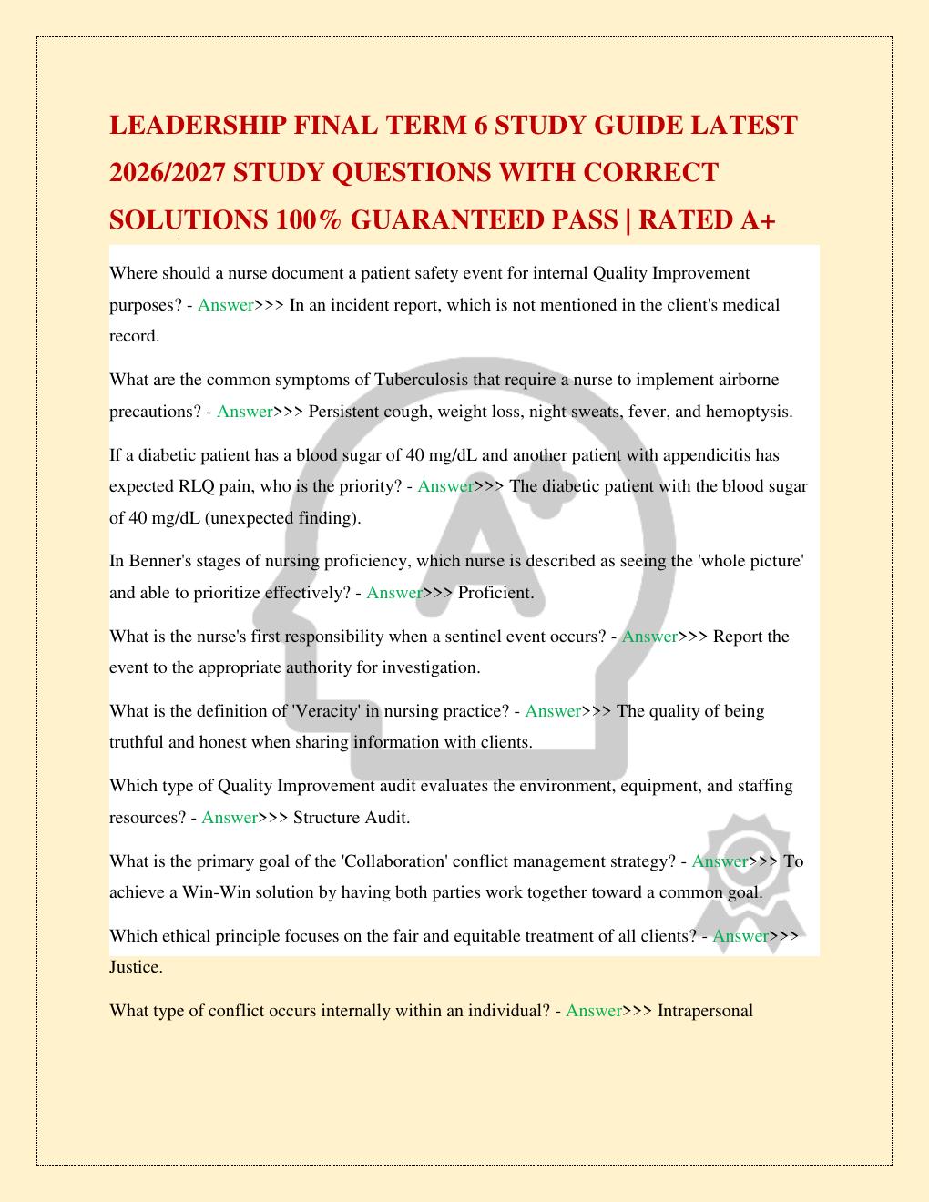 Preview page 2 of LEADERSHIP FINAL TERM 6 STUDY GUIDE LATEST 2026/2027 STUDY QUESTIONS WITH CORRECT SOLUTIONS 100% GUARANTEED PASS | RATED