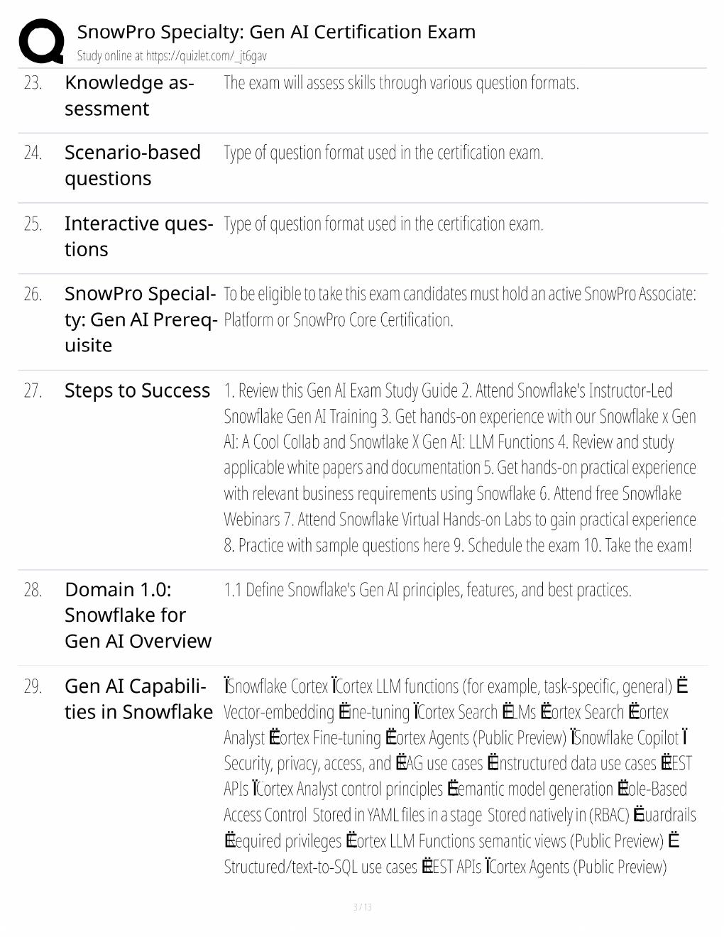 Preview page 3 of SnowPro Gen AI Study Guide / Specialty Certification Exam Prep / Score 100% / 2025 Update