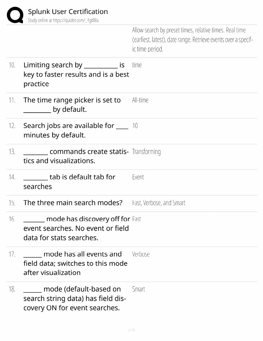 Preview page 2 of Splunk User Study Guide / Certification Exam Prep / Score 100% / 2025 Update
