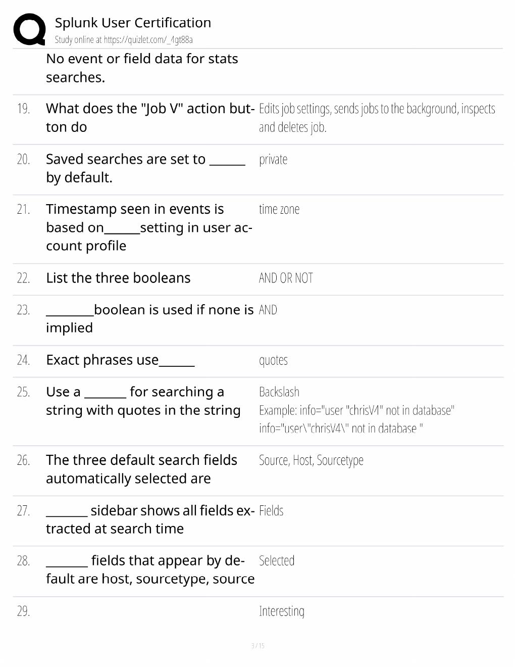 Preview page 3 of Splunk User Study Guide / Certification Exam Prep / Score 100% / 2025 Update