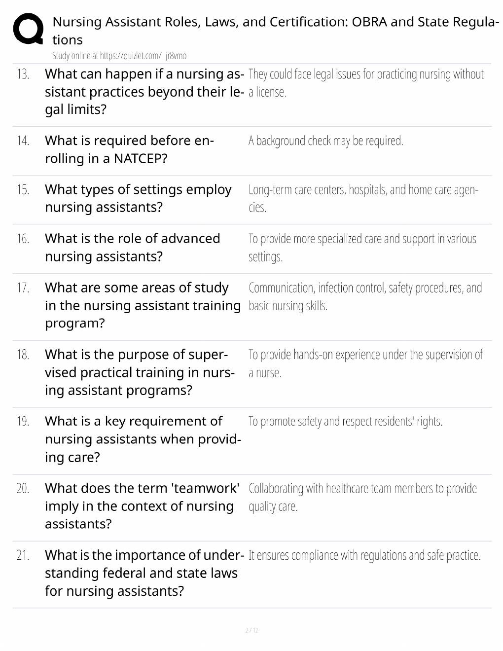 Preview page 2 of Nursing Assistant Study Guide / OBRA & State Regulations / Roles, Laws & Certification / Score 100% / 2025 Update / Exam