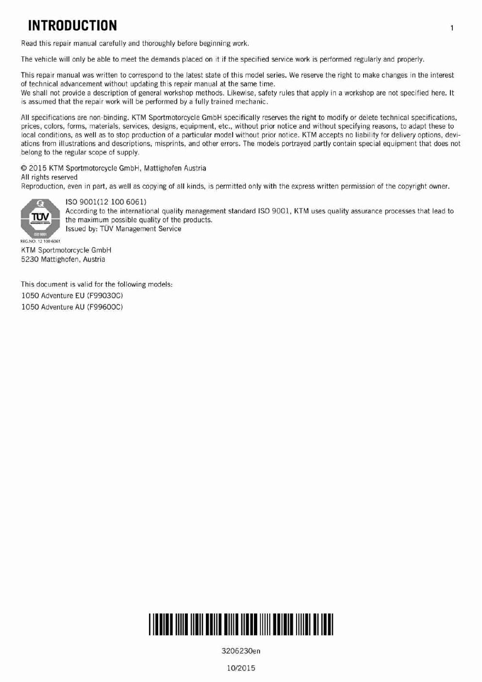 Preview page 3 of KTM 2015 - 1050 Adventure - Service Workshop Repair Manual