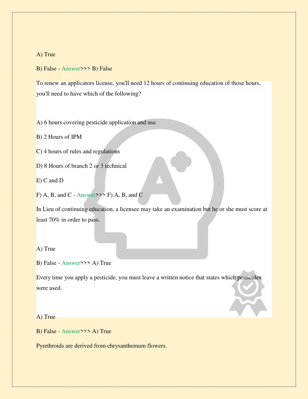 Preview page 4 of PEST CONTROL APPLICATOR LICENSE TEST EXAM NEWEST 2026/2027 COMPLETE STUDY QUESTIONS WITH CORRECT VERIFIED ANSWERS GUARAN
