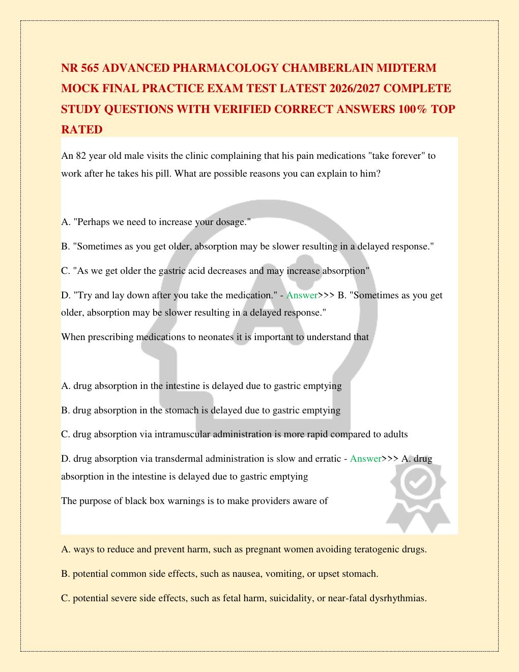 Preview page 2 of NR 565 ADVANCED PHARMACOLOGY CHAMBERLAIN MIDTERM MOCK FINAL PRACTICE EXAM TEST LATEST 2026/2027 COMPLETE STUDY QUESTIONS