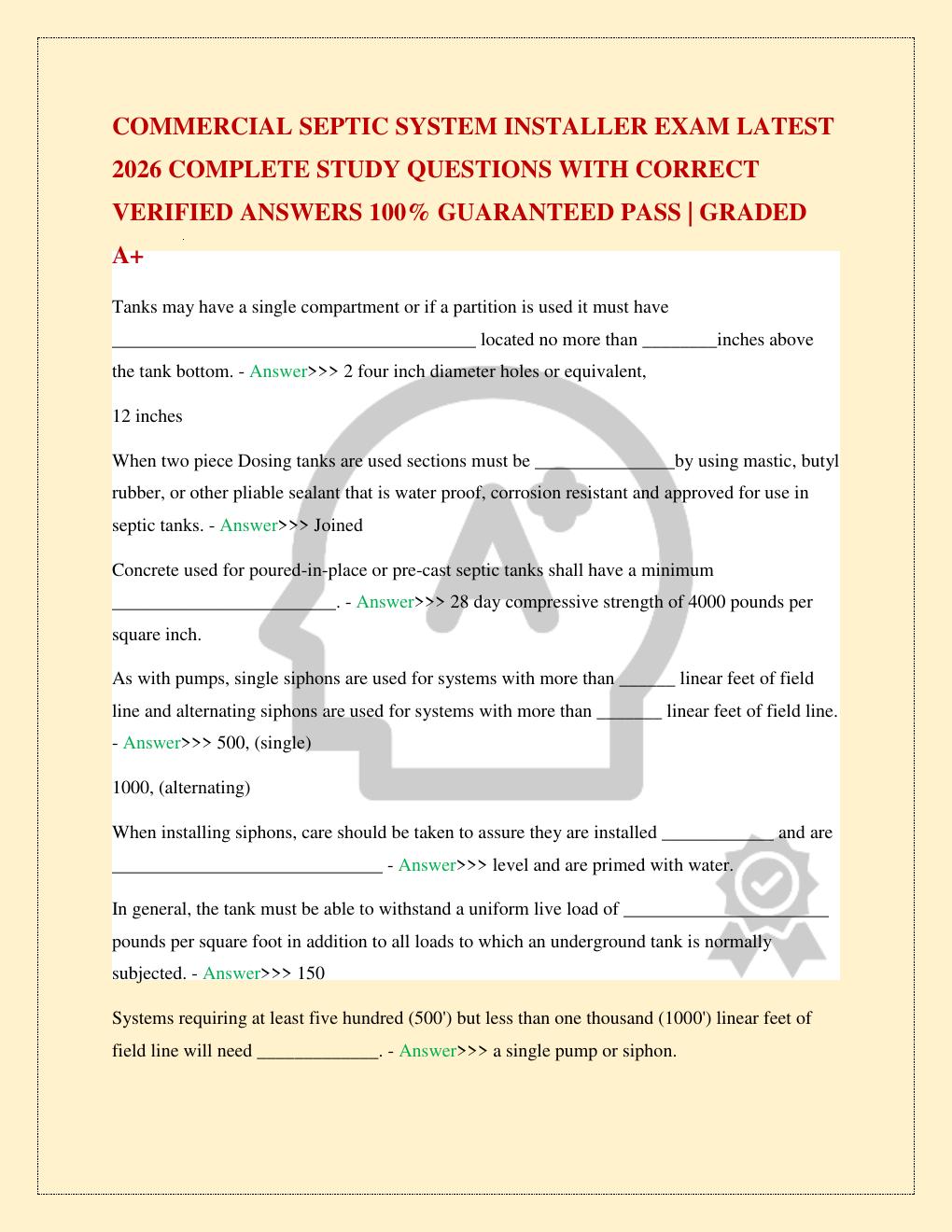 Preview page 2 of COMMERCIAL SEPTIC SYSTEM INSTALLER EXAM LATEST 2026 COMPLETE STUDY QUESTIONS WITH CORRECT VERIFIED ANSWERS 100% GUARANTE