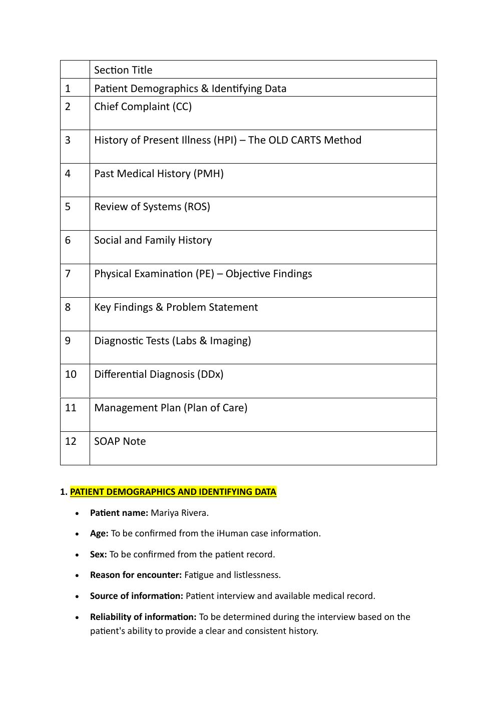 Preview page 2 of Ihuman comprehensive case  study. 27-year-old Mariya Rivera.  Reason for encounter: Fatigue  and Listlessness.   Exam st