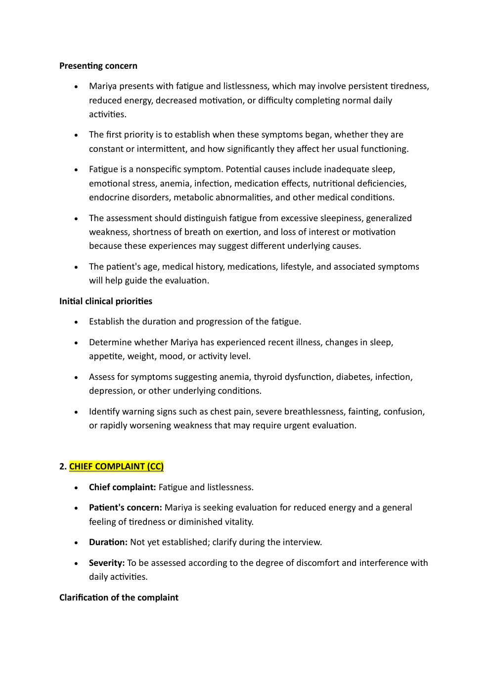 Preview page 3 of Ihuman comprehensive case  study. 27-year-old Mariya Rivera.  Reason for encounter: Fatigue  and Listlessness.   Exam st