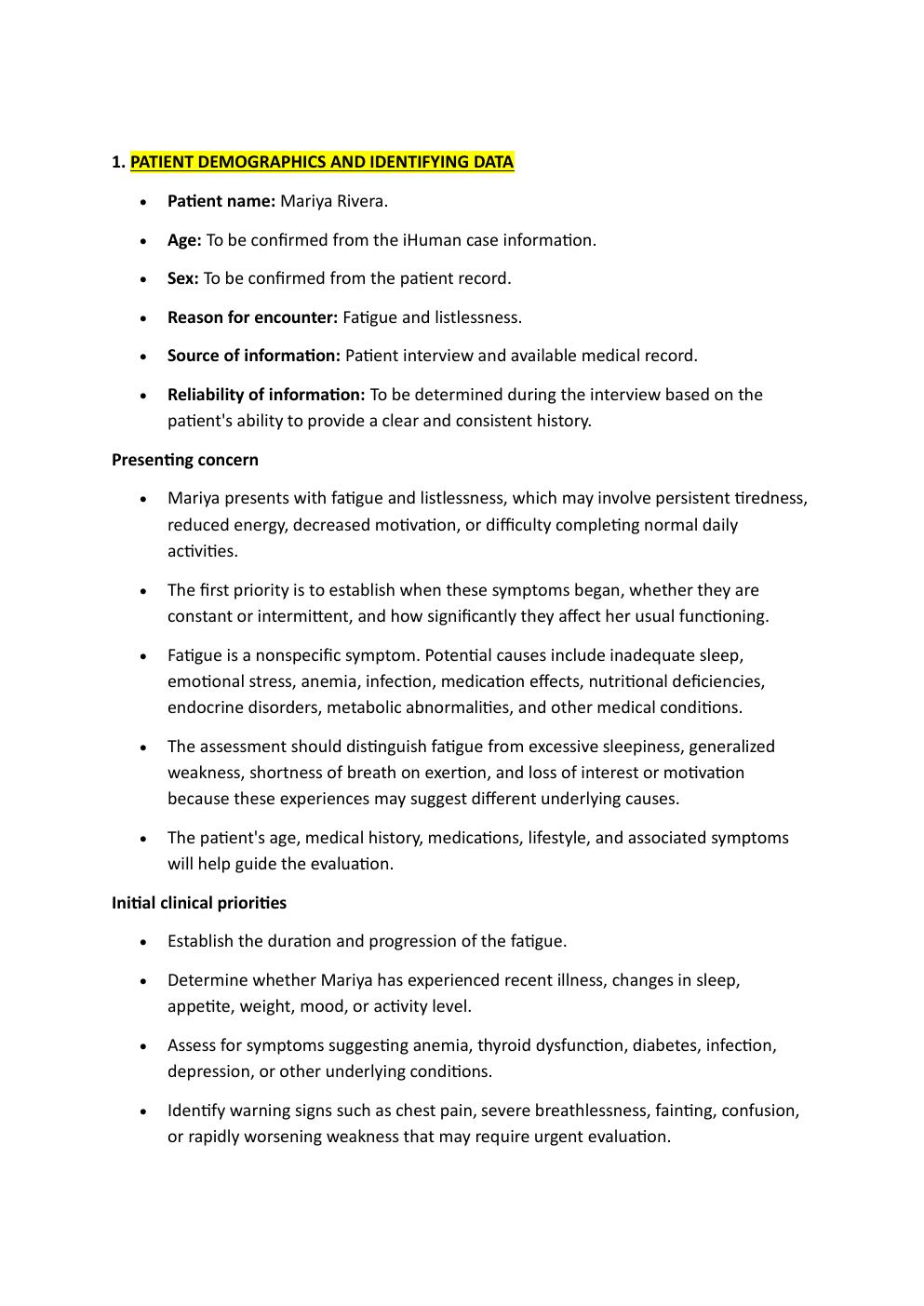 Preview page 2 of Ihuman case study. 27-year-old  Mariya Rivera. Reason for  encounter: Fatigue and  Listlessness.   Exam study guide. Gra