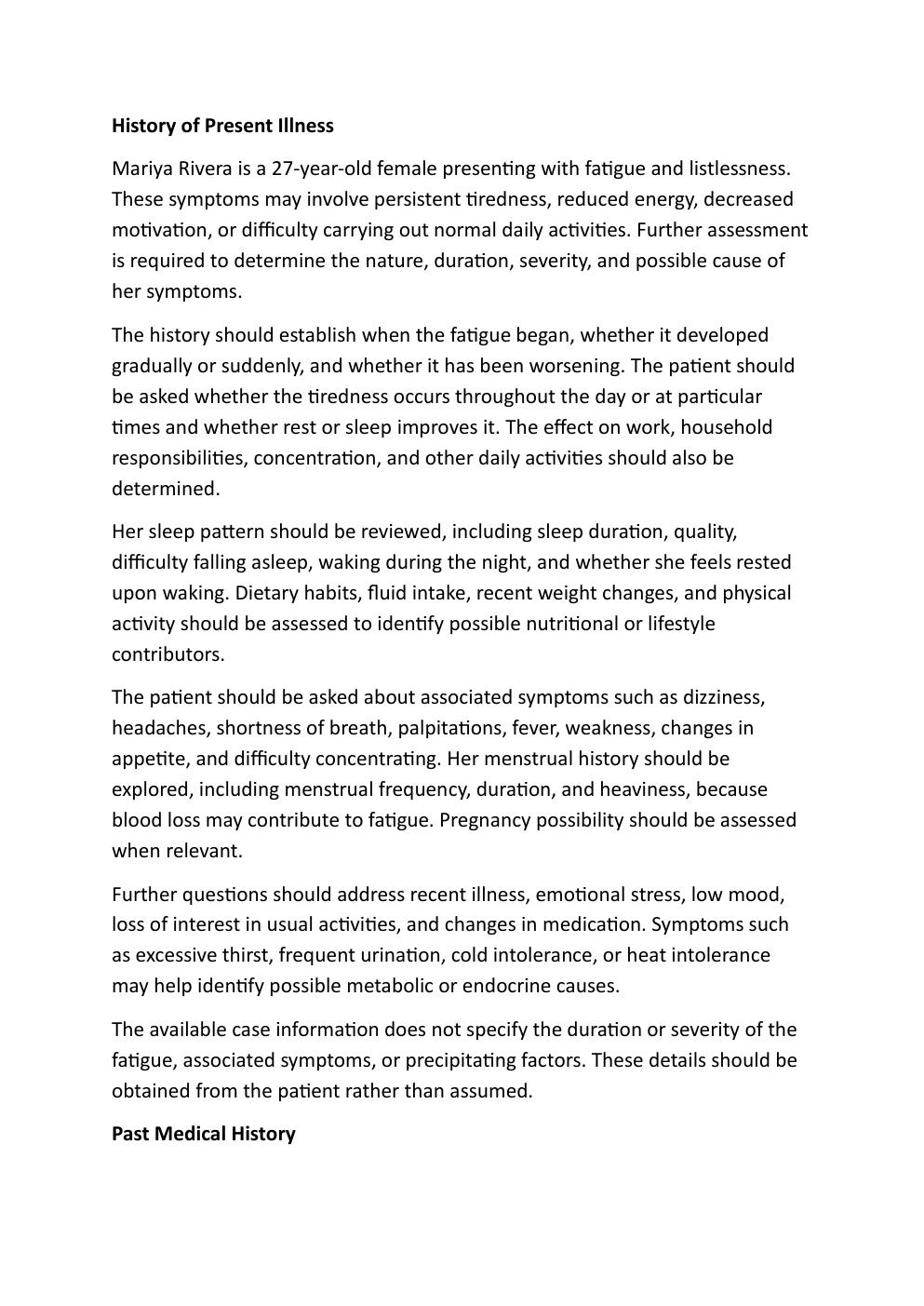 Preview page 3 of I-human Comprehensive case  study. 27-year-old Mariya Rivera.  Reason for encounter: Fatigue  and Listlessness.   Exam s