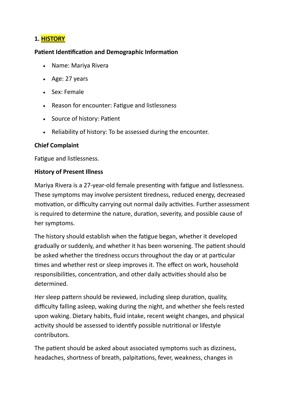 Preview page 2 of Ihuman case study. Mariya Rivera,  27-year-old. Reason for  encounter: Fatigue and  Listlessness. Exam study guide.  Wit