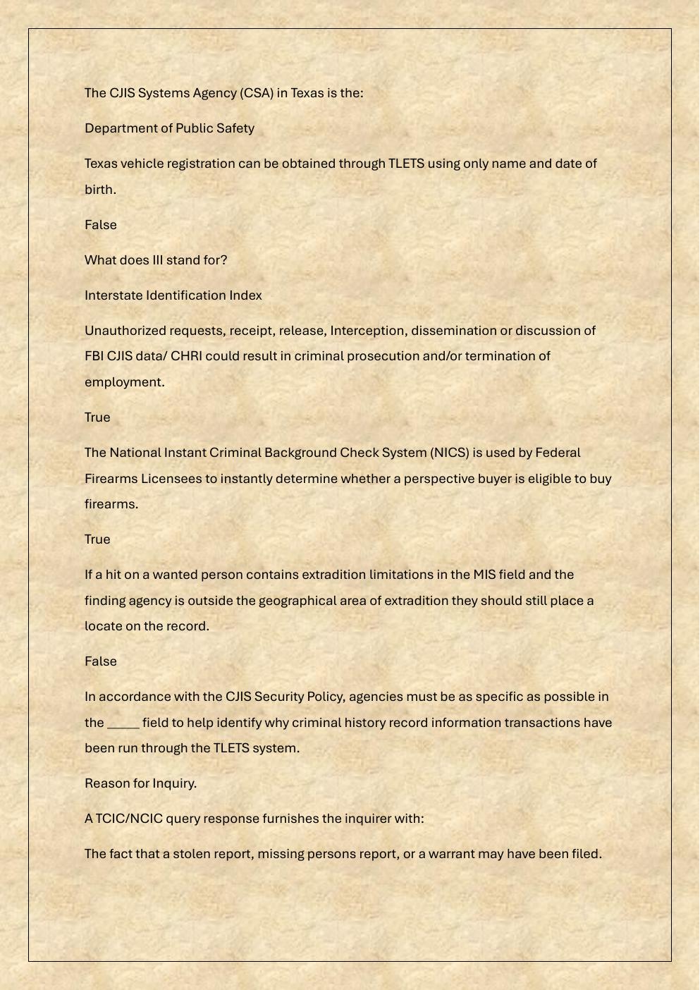 Preview page 5 of TCIC /TLETS Mobile access Re-Certification exam