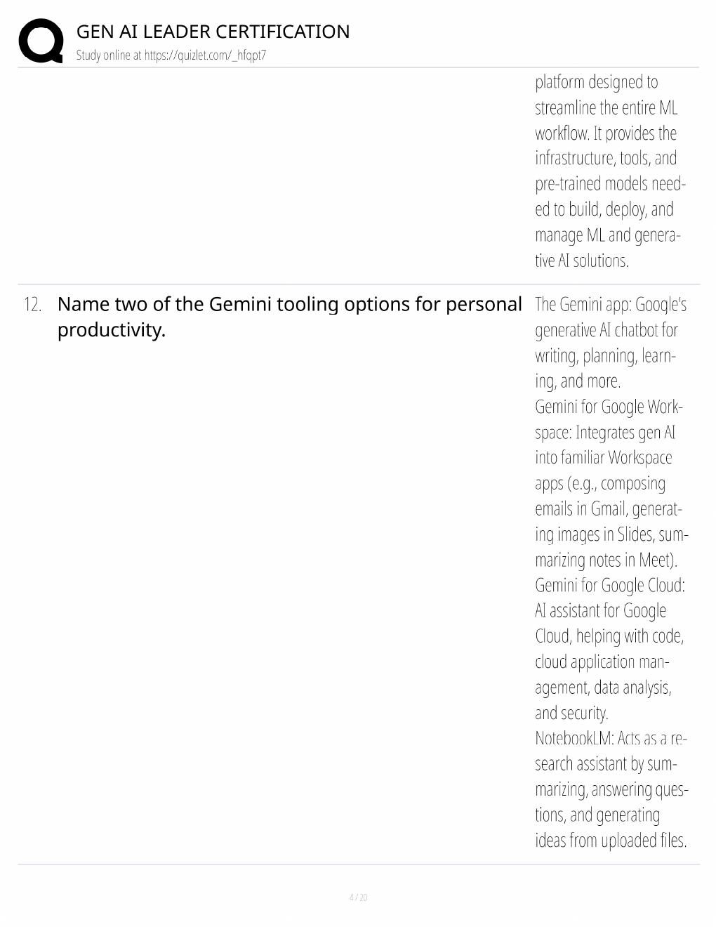 Preview page 4 of Gen AI Leader Study Guide / Certification Exam Prep / Score 100% / 2025 Update