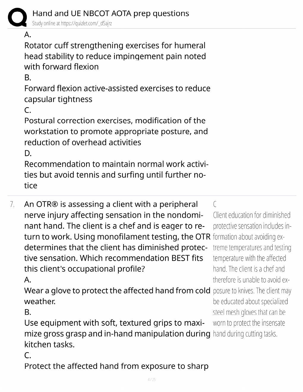 Preview page 4 of NBCOT Hand & UE Study Guide / AOTA Prep Questions / Score 100% / 2025 Update / Exam Prep