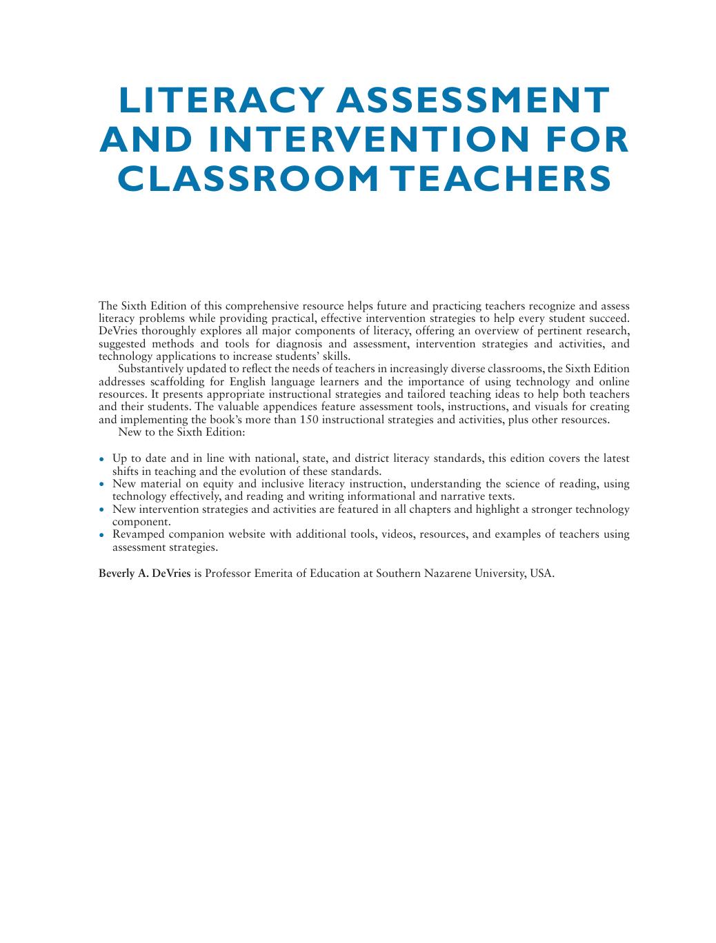 Preview page 2 of Literacy Assessment and Intervention for Classroom Teachers 6th Edition By Beverly DeVries