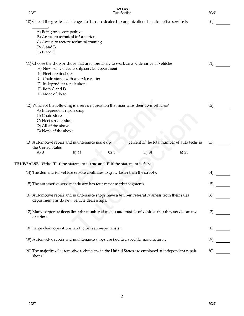 Preview page 3 of Automotive Service Management 3rd Edition By Andrew Rezin | Test Bank