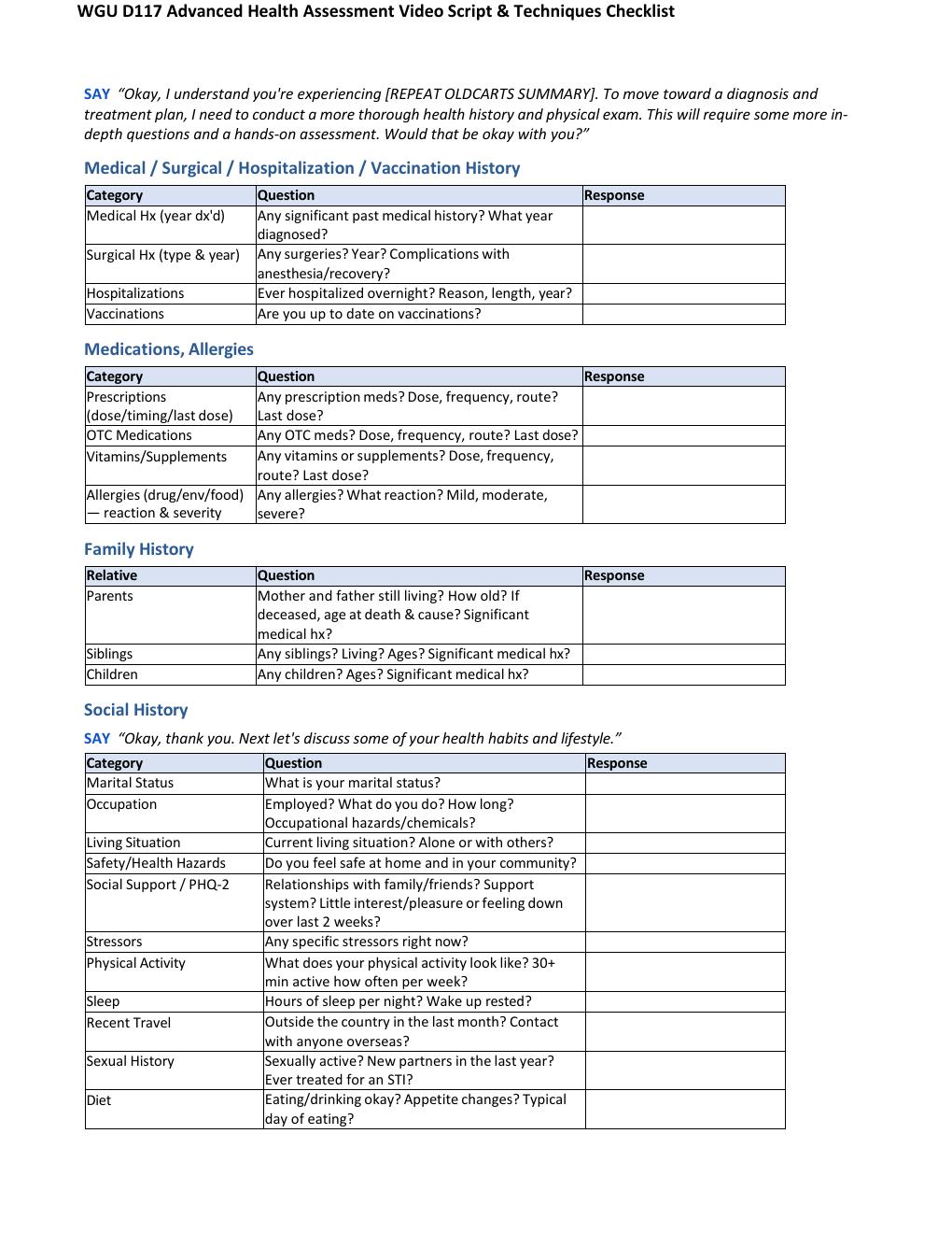 Preview page 2 of WGU D117 Advanced Health Assessment Video Script & Techniques Checklist Rated A+ Verified Answers