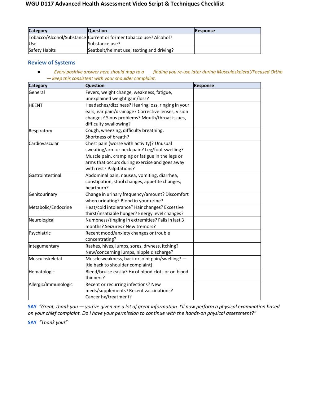 Preview page 3 of WGU D117 Advanced Health Assessment Video Script & Techniques Checklist Rated A+ Verified Answers