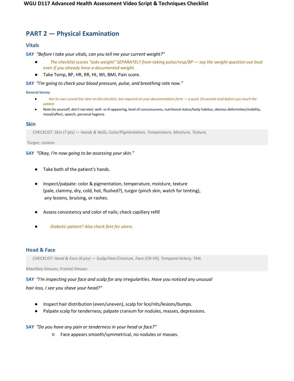 Preview page 4 of WGU D117 Advanced Health Assessment Video Script & Techniques Checklist Rated A+ Verified Answers