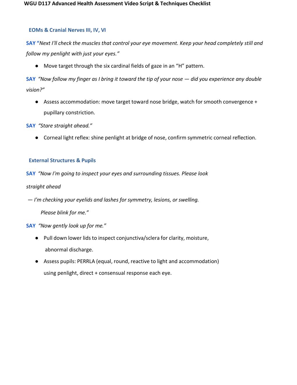 Preview page 6 of WGU D117 Advanced Health Assessment Video Script & Techniques Checklist Rated A+ Verified Answers