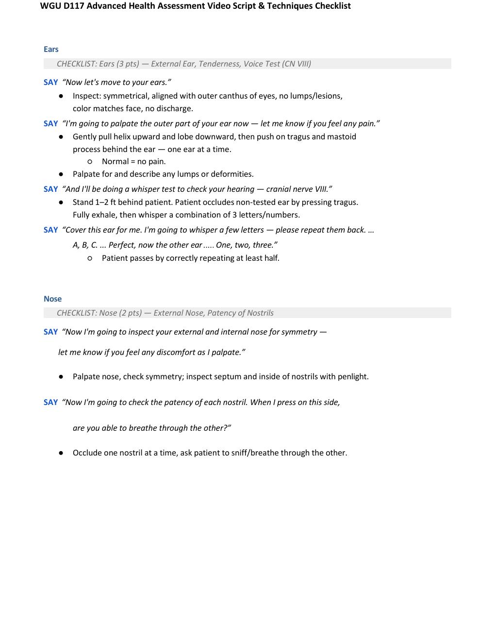 Preview page 7 of WGU D117 Advanced Health Assessment Video Script & Techniques Checklist Rated A+ Verified Answers