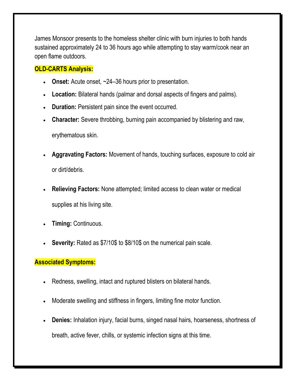 Preview page 3 of i-Human Case Study: James Monsoor | Second-Degree  Burns to Hands (Full SOAP Note, Assessment &  Community Care Plan) LA