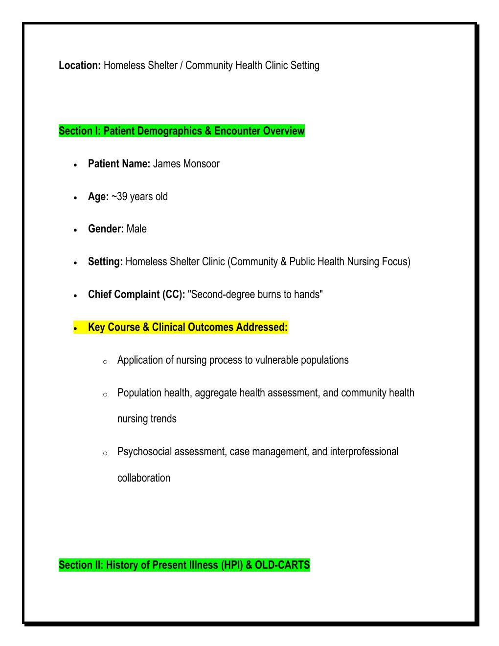 Preview page 2 of i-Human Case Study: James Monsoor | Second-Degree  Burns to Hands (Full SOAP Note, Assessment &  Community Care Plan) LA