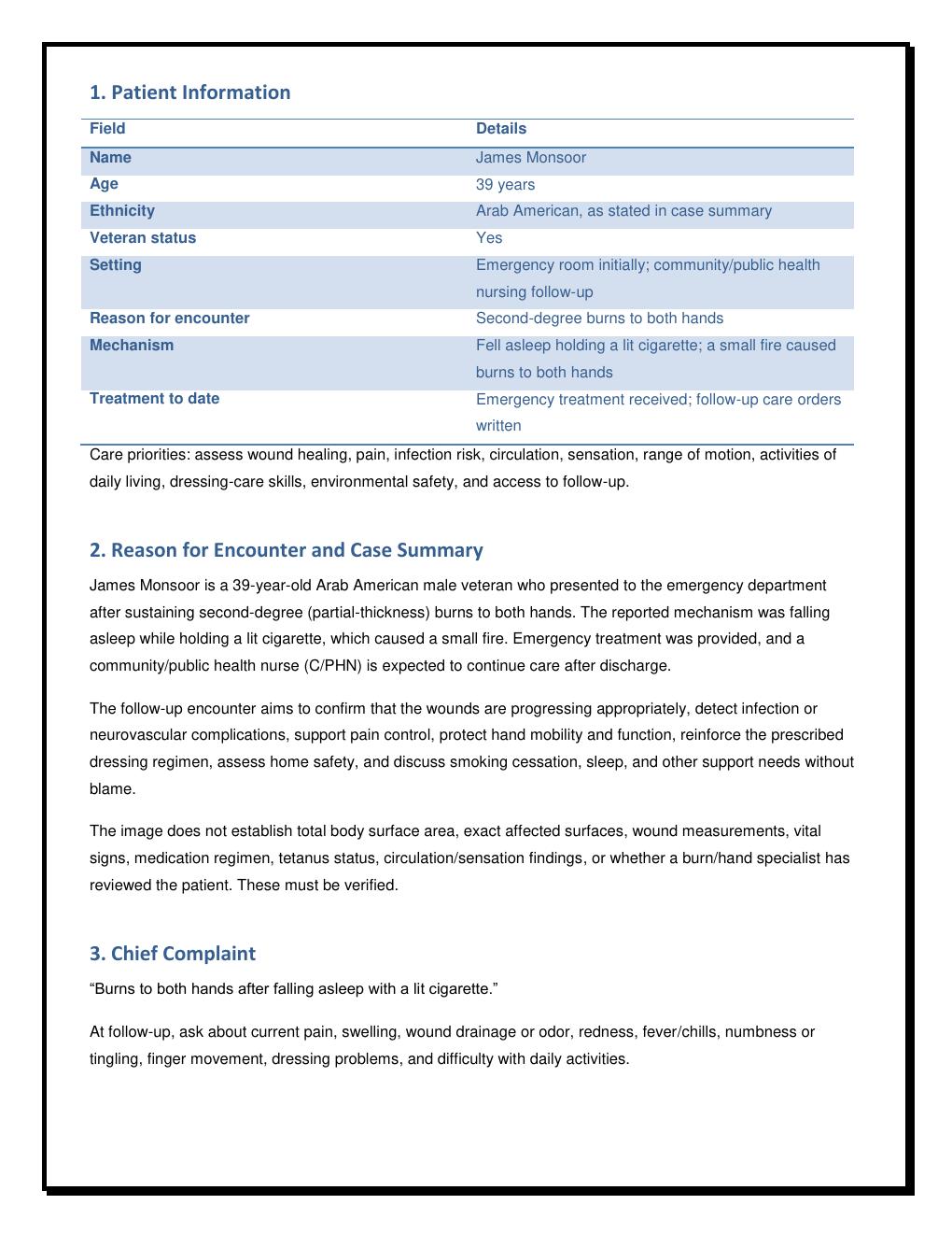 Preview page 2 of i-HUMAN CASE STUDY AND SOAP NOTE James Monsoor |  Bilateral Second-Degree Hand Burns | Community/Public  Health Nursing|
