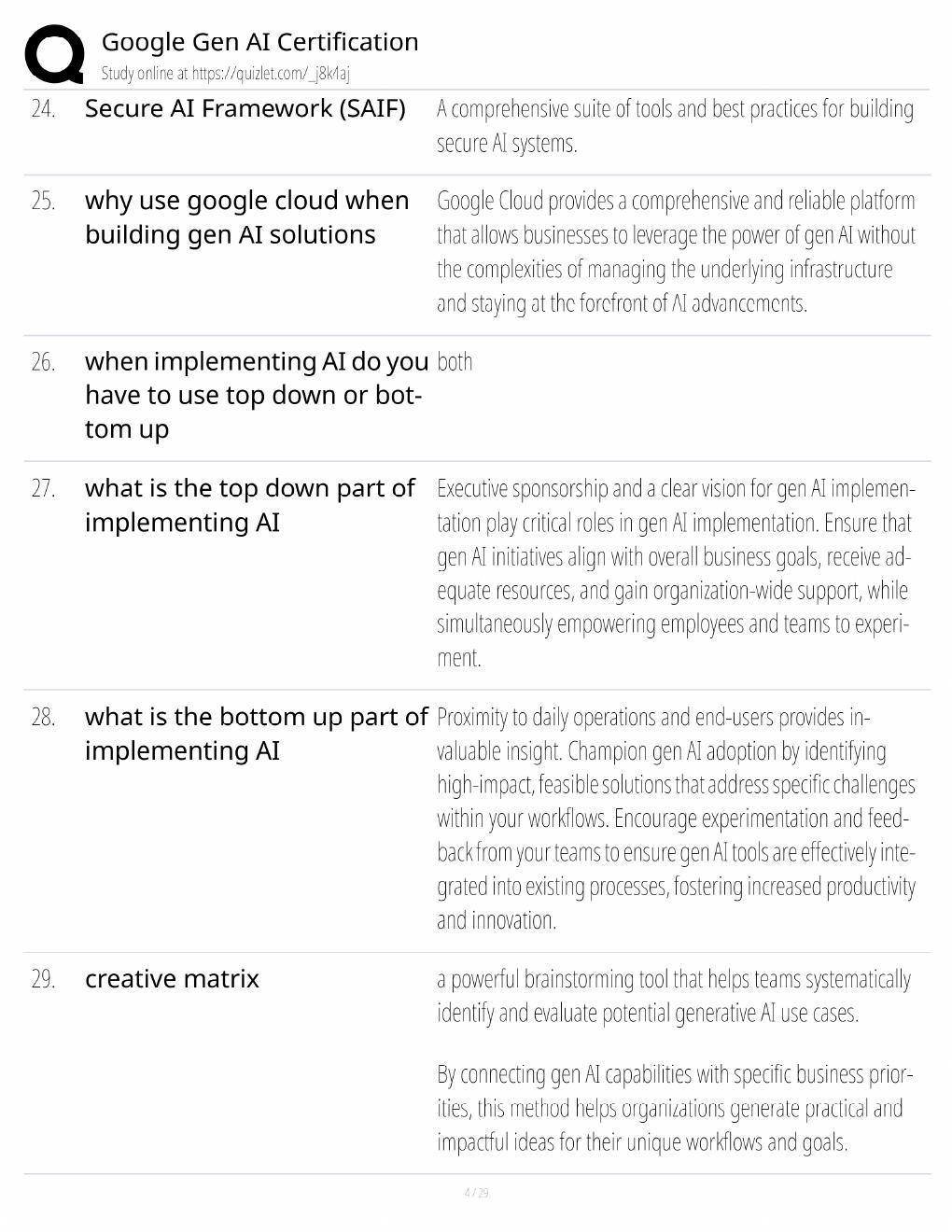 Preview page 4 of Google Gen AI Certification Study Guide / Generative AI Leader Exam Prep / Score 100% / 2025 Update / Exam Prep